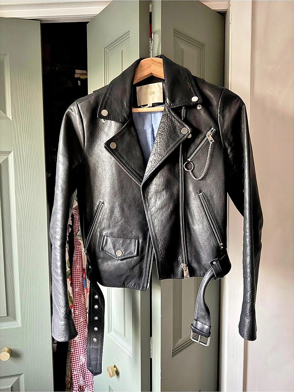 Maje Leather Biker Jacket with Chain Detail Black & Blue Small